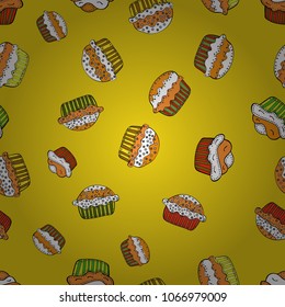 Colorful cupcake isolated for food poster design on yellow, orange, white, black and brown. Seamless of cute vector cupcakes and muffins.