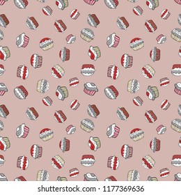 Colorful cupcake isolated for food poster design on neutral, gray and white. Seamless of cute vector cupcakes and muffins.