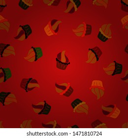 Colorful cupcake isolated for food poster design on red, orange and gray. Seamless of cute vector cupcakes and muffins.