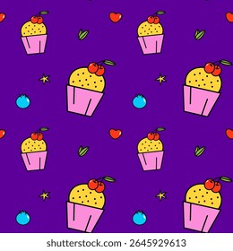 Padrão de cupcake colorido com cerejas e frutas. Padrão contínuo com cupcakes bonitos, cerejas, bagas e estrelas em um fundo roxo vibrante. Perfeito para crianças, têxteis ou decoração de festa.
