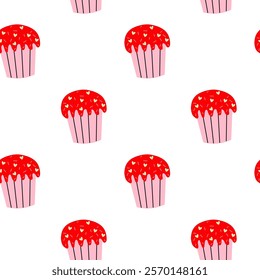 Colorful cupcake pattern with red icing and pink base on a white background