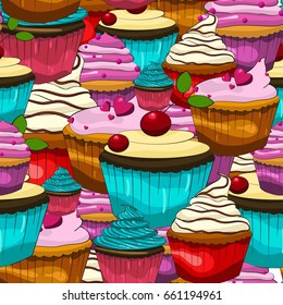 Colorful cupcake pattern. Vector background. Illustration of bright cupcakes in cartoon style.