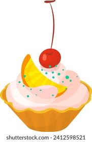 Colorful cupcake with pink frosting, a slice of orange and cherry on top. Delicious sweet dessert digital art. Cute cupcake design vector illustration.