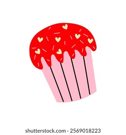 Colorful cupcake with red icing and heart sprinkles delights in playful design