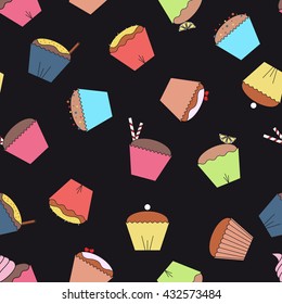 Colorful cupcake seamless pattern. Bright cake background. Cake texture on black. Dessert seamless pattern. Food pattern for design prints backdrop textile etc. 