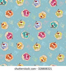  Colorful cupcake seamless pattern. Vector illustration