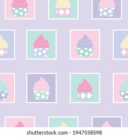 Colorful cupcake squares on lilac background repeat pattern design.