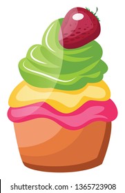 Colorful cupcake with strawberry on top illustration vector on white background