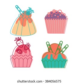 Colorful Cupcake Sweet Dessert Collection Set, Vector Illustration