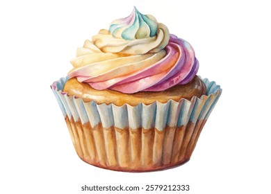 Colorful cupcake, whimsical design, watercolor illustration, sweet treat, dessert art, bakery style, vibrant frosting.