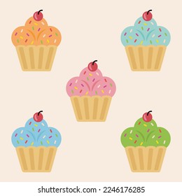Colorful cupcakes with diverse flavors, cherries and sprinkles.