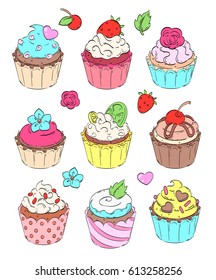 Colorful cupcakes. Flat style. Vector Illustration.