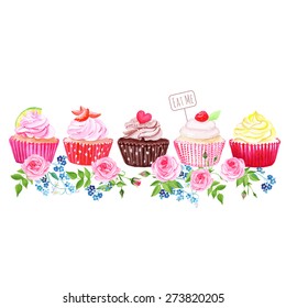 Colorful cupcakes and flowers vector design stripe  All elements are isolated   editable  