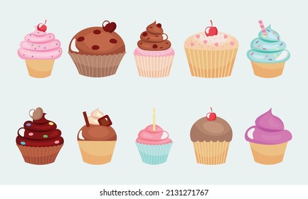 colorful cupcakes icon set design