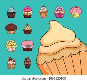 colorful cupcakes icon set over turquoise background, vector illustration