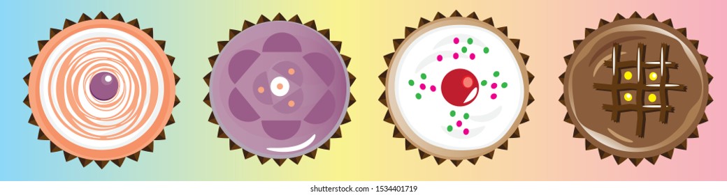 Colorful cupcakes on pastel background vector top view