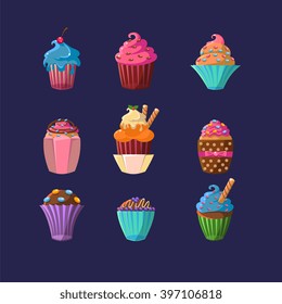 Colorful Cupcakes Set Flat Vector Cartoon Style Funny Drawing On Dark Blue Backgroud