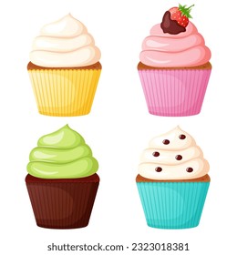 Colorful cupcakes set. Sweet bakery products.