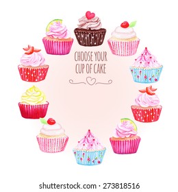 Colorful cupcakes vector design round frame. All elements are isolated and editable. 