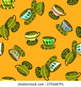  Colorful cups of coffee and tea on a yellow background. Seamless.