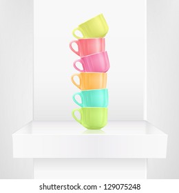 Colorful cups on shelf. Vector design.