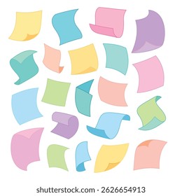Colorful curled paper sheet flying with wind blow. Cartoon vector illustration of floating in air empty curved document pages. Mockup of scattered flying note. pink, green, yellow, blue and purple.