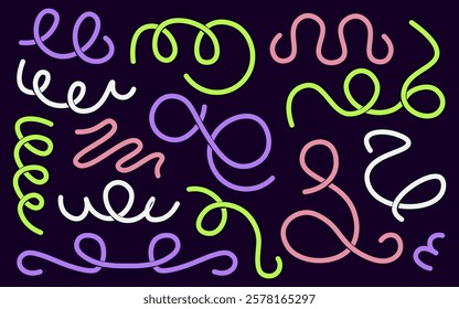 Colorful curly lines, vibrant twisted hand drawn swirl shapes, abstract calligraphic ornamental squiggles vector illustration. Set of bright colored scribble doodle handwritten design elements