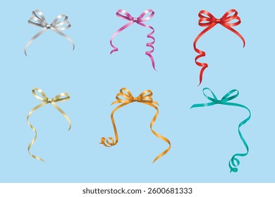 Colorful curly ribbon bows on blue background. Great for gift wrapping, parties, and celebrations.