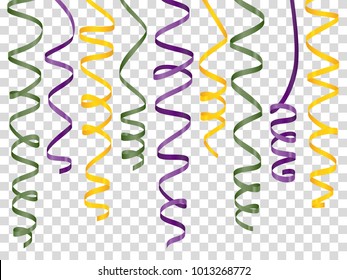 Colorful curly ribbons set on transparent background. Stock vector illustration