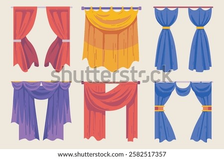Colorful Curtain Design Set Featuring Various Drapery Styles and Patterns