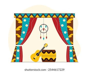 Cortinas coloridas com vários motivos da tribo cigana, amuletos de sonho pendurados e abaixo deles são instrumentos musicais, ilustração vetorial.