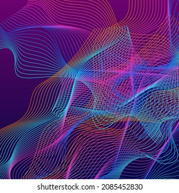 Colorful Curve Background Violet Vector. Breeze Banner. Gradient Line Lattice. Spiritual Soundwave Template. Iridescent Array.