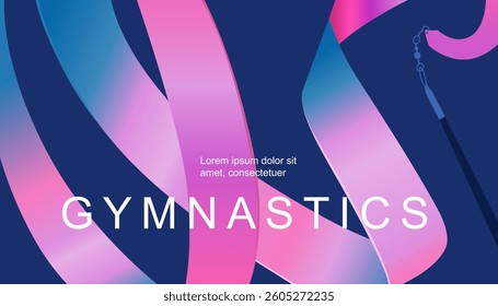 Colorful curve ribbon, pink abstract rhythmic gymnastics banner, abstraction with swirling wave and text. Vector design template flyer, poster