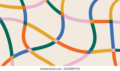 Colorful curved lines doodle pattern background. Wavy stripes vector design. Childish doodle backdrop. Simple naive hand drawn banner template. Minimalistic contemporary art.