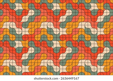 Colorful curved metaball shapes in red, green, yellow, and cream arranged in a geometric seamless pattern resembling vintage tile art
