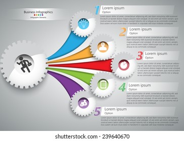 Colorful Curved Shape and Business Icon on Gear Symbols with Number and Text Information Design. Workflow Layout & 5 Step Process Diagram. Vector Illustration