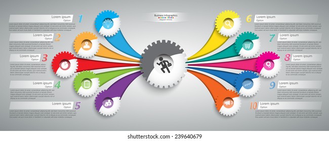 Colorful Curved Shape And Business Icon On Gear Symbols With Number And Text Information Design. Workflow Layout & 10 Step Process Diagram. Vector Illustration