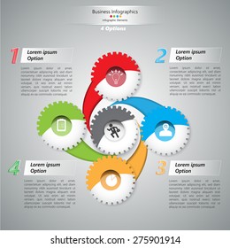 Colorful Curved Shape and Gear/Miscellaneous Symbols with Business Icon, Number and Text Information Design. Workflow Layout & 4 Step Process Diagram. Vector Illustration