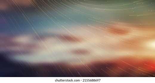 Colorful Curving, Flowing 3D Energy Lines, Stars, Moving Particles Pattern Over Glowing Red and Silver Space Nebula - Astronomy Concept Background, Generative Art, Creative Template, Vector Design