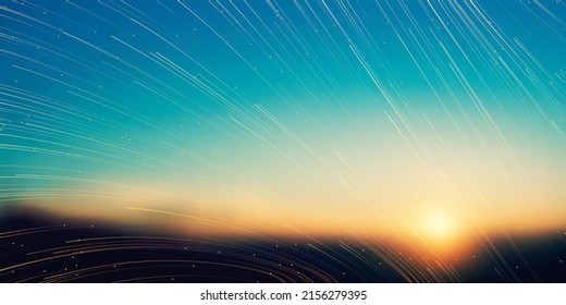 Colorful Curving, Flowing 3D Energy Lines, Blurred Motion of Stars or Particles in the Sunset Sky - Golden Glowing Sky, Astronomy Concept Background, Generative Art, Creative Template, Vector Des