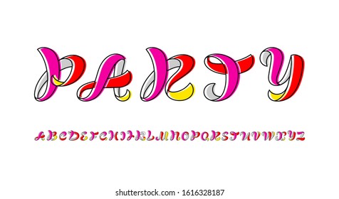 Colorful curvy font, handwritten script alphabet, calligraphy cursive typeface, for your company name or designs logo, posters, invitations, cards, or print t-shirt, vector illustration