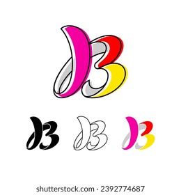 Colorful curvy letter B, handwritten script alphabet, cursive calligraphy typeface, vector hand-drawn typeface isolated on a white background.