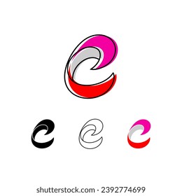 Colorful curvy letter C, handwritten script alphabet, cursive calligraphy typeface, vector hand-drawn typeface isolated on a white background.