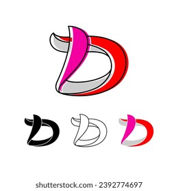 Colorful curvy letter D, handwritten script alphabet, cursive calligraphy typeface, vector hand-drawn typeface isolated on a white background.