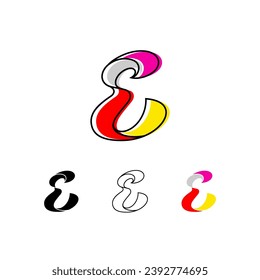 Colorful curvy letter E, handwritten script alphabet, cursive calligraphy typeface, vector hand-drawn typeface isolated on a white background.