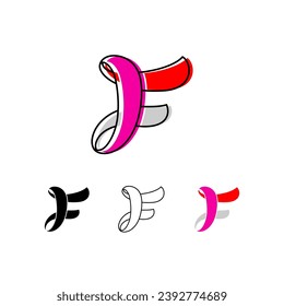 Colorful curvy letter F, handwritten script alphabet, cursive calligraphy typeface, vector hand-drawn typeface isolated on a white background.