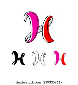 Colorful curvy letter H, handwritten script alphabet, cursive calligraphy typeface, vector hand-drawn typeface isolated on a white background.