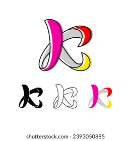 Colorful curvy letter K, handwritten script alphabet, cursive calligraphy typeface, vector hand-drawn typeface isolated on a white background.