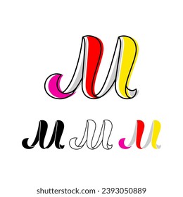 Colorful curvy letter M, handwritten script alphabet, cursive calligraphy typeface, vector hand-drawn typeface isolated on a white background.