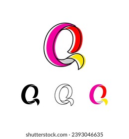 Colorful curvy letter Q, handwritten script alphabet, cursive calligraphy typeface, vector hand-drawn typeface isolated on a white background.